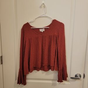 Free People Brick Red Textured Bell Sleeve V-Neck Top